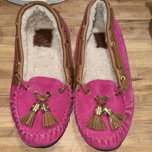 Tory Burch suede moccasin slippers with a shearling lining